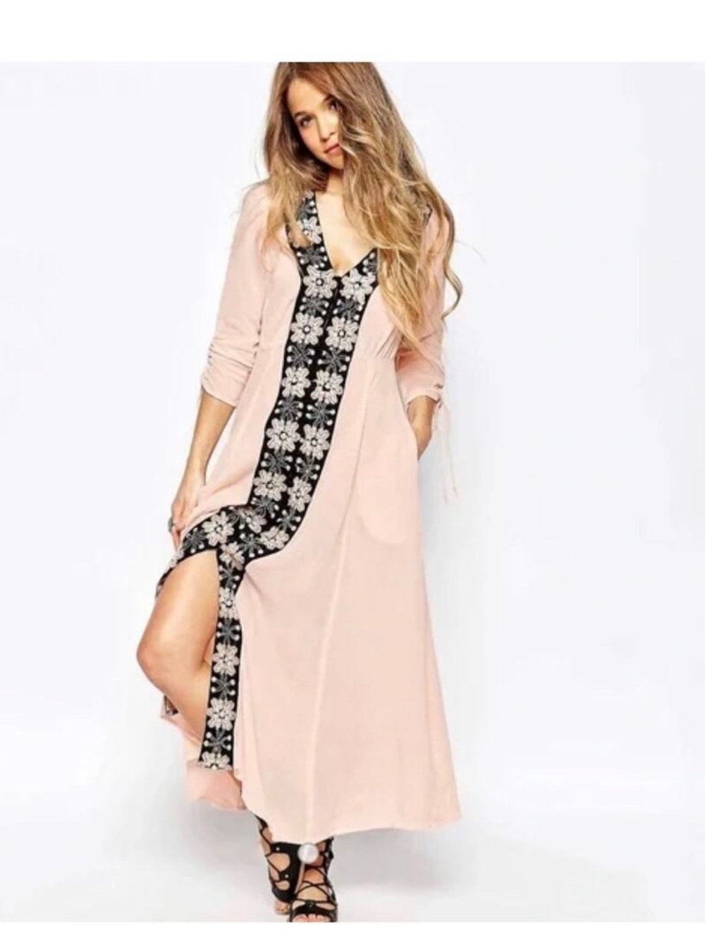 Free People journey to the horizon embroidered button down blush pink maxi 4 NWT